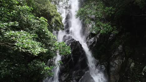 Aerial-View-of-Waterfall-in-the-Tropical-Rainforest-Mountains
