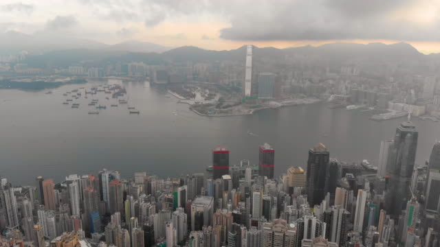 Aerial-panning-left-to-right-shot-of-Hong-Kong-skyline