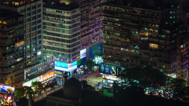 4-k-Zeitraffer-der-Nacht-Verkehr-Kreuzung-von-Dach-in-Hongkong-china