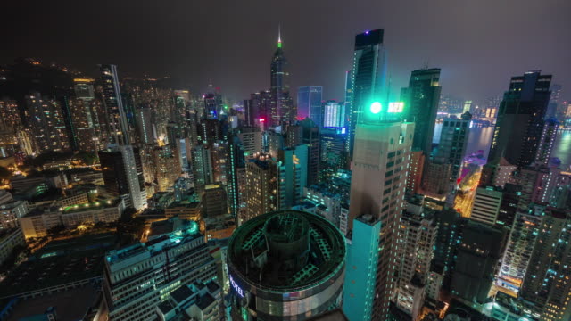 China-Nacht-Licht-Hong-Kong-beschäftigt-Gebäude-Dach-Top-Panorama-4k-Zeitraffer