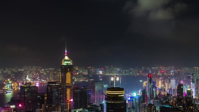 China-Hong-Kong-Nacht-Licht-Stadtpanorama-hohe-Gebäude-4-k-Zeitraffer