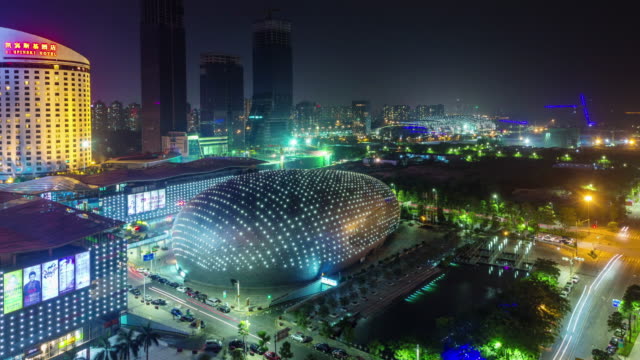 china-oct-bay-shenzhen-night-light-exhibition-center-roof-top-view-4k-time-lapse