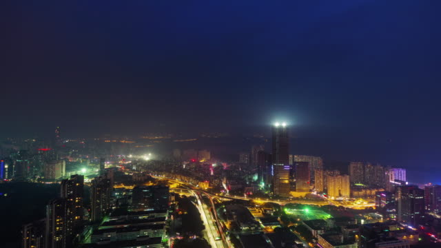 China-noche-luz-shenzhen-ciudad-tráfico-techo-superior-panorama-4k-lapso-de-tiempo