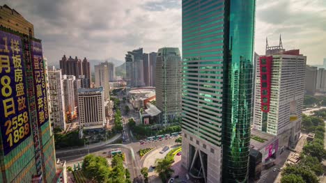 China-Sonnentag-Shenzhen-Stadt-Gebäude-Panorama-4k-Zeitraffer