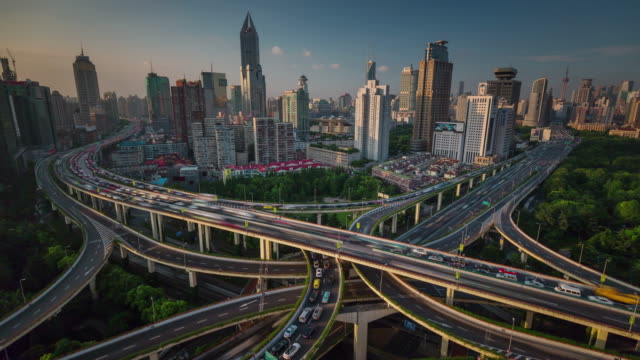 china-shanghai-city-traffic-road-junction-roof-top-panorama-4k-time-lapse