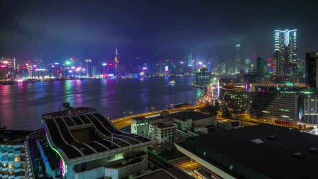 China-Nacht-Licht-Hong-Kong-Bucht-Stadtpanorama-4k-Zeitraffer