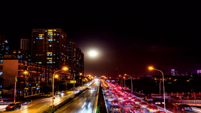 Skyscrapers-in-Beijing,-China.-Moon-rise.-Timelapse