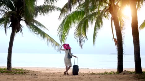 Mädchen-Tourist-mit-Gepäck-steht-unter-palm