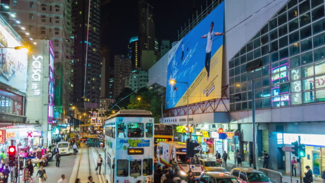 China-hong-kong-la-noche-ciudad-centro-tranvía-paseo-calle-panorama-4k-lapso-de-tiempo