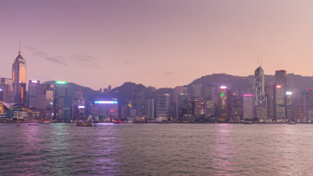 China-berühmten-Twilight-Sonnenuntergang-Hong-Kong-Kowloon-Insel-Stadtpanorama-4k-Zeitraffer