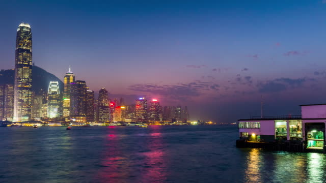 panorama-de-kowloon-bay-del-ciudad-de-hong-kong-de-China-al-atardecer-cielo-iluminación-4k-lapso-de-tiempo