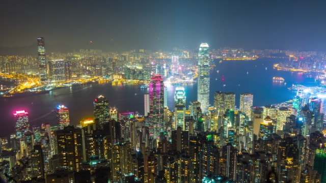 China-Nacht-Licht-Hong-Kong-Kowloon-Island-Peak-Stadtpanorama-4k-Zeitraffer