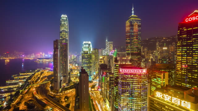 China-Nacht-Beleuchtung-Hong-Kong-Verkehr-Bucht-auf-dem-Dach-Panorama-4k-Zeitraffer