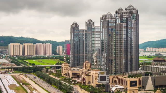China-día-famoso-Macao-ciudad-grand-hotel-lado-panorama-4k-lapso-de-tiempo