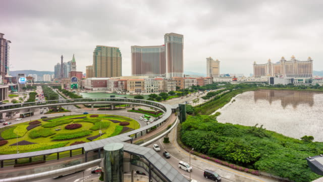 China-Macao-berühmten-Tag-leichte-Kreisverkehr-Hotel-Bucht-Stadtpanorama-4k-Zeitraffer