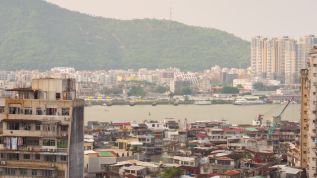 China-Macao-ciudad-Bahía-de-la-isla-viven-panorama-del-luz-de-la-día-superior-de-bloque-techo-4k-lapso-de-tiempo