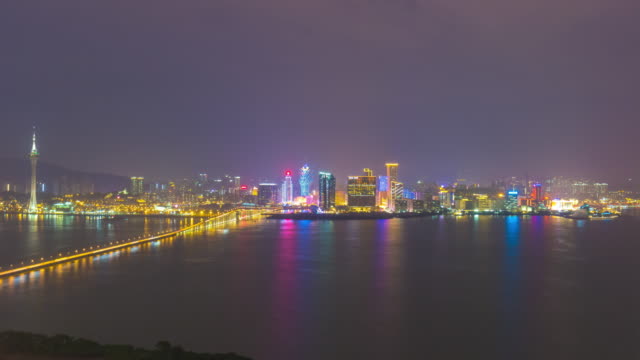 China-Nacht-Licht-Macau-Insel-berühmte-Brücke-Straße-Panorama-4k-Zeitraffer