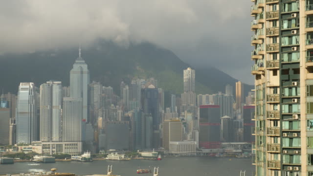 Puerto-Victoria-y-rascacielos,-Hong-Kong