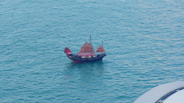 hong-kong-evening-time-famous-victoria-harbour-red-sailing-ship-panorama-4k-china