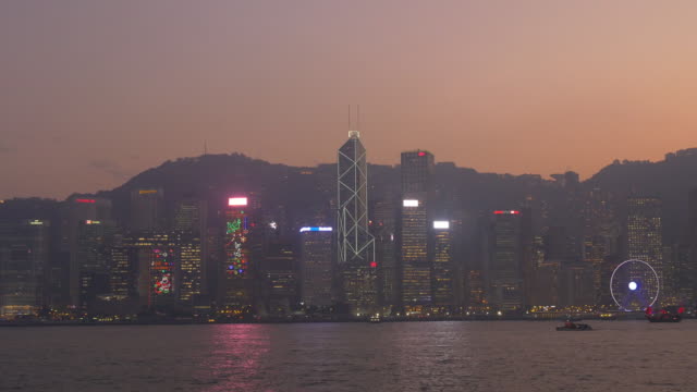 Nacht-Sonnenuntergang-Himmel-Hongkong-City-Hafen-Bucht-Kowloon-Panorama-4k-china