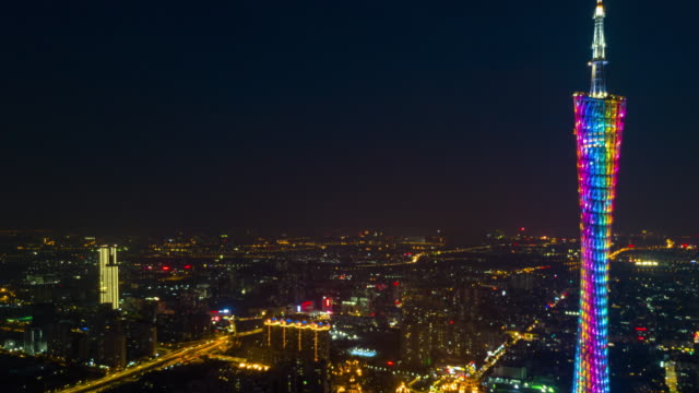 China-noche-tiempo-iluminación-gungzhou-famosa-ciudad-Cantón-torre-panorama-aéreo-superior-4k-timelapse