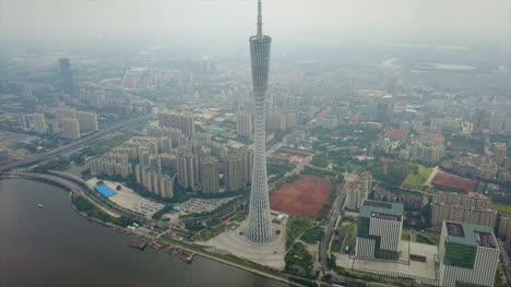 China-día-tiempo-guangzhou-paisaje-urbano-Cantón-famosa-Torre-aérea-panorama-4k