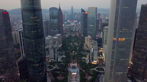 Sonnenuntergang-Stadtzentrum-Tianhe-Sportzentrum-Stadion-Guagzhou-Stadt-Luftbild-Panorama-4k-china
