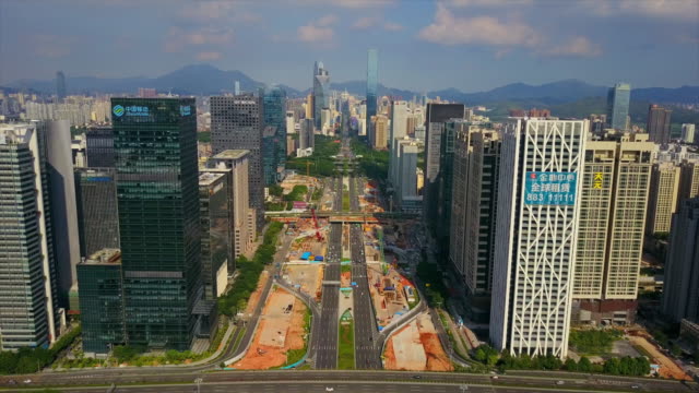 China-día-soleado-shenzhen-paisaje-urbano-tráfico-carretera-construcción-aérea-panorama-4k