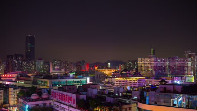 Nacht-Beleuchtung-Shenzhen-Stadtbild-auf-dem-Dach-Panorama-4k-Zeitraffer-china