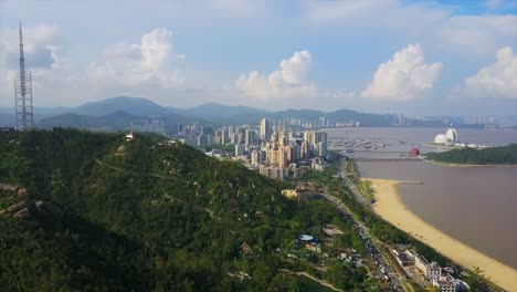 día-tiempo-zhuhai-city-Playa-Bahía-ópera-isla-panorama-aéreo-4k-china