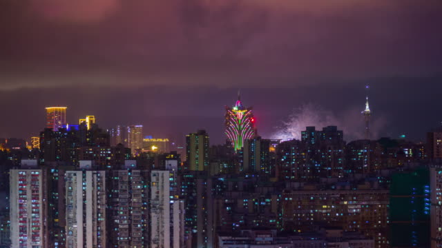Nacht-Licht-beleuchtete-Macau-berühmte-Feuerwerk-Zhuhai-Stadt-auf-dem-Dach-Panorama-4-k-Zeit-hinfällig,-china