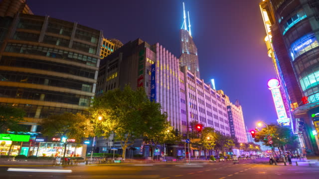 night-illuminated-shanghai-city-center-traffic-street-panorama-4k-time-lapse-china