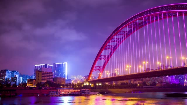 night-illuminated-wuhan-city-famous-qingchuan-bridge-riverside-bay-panorama-4k-time-lapse-china