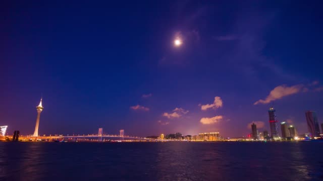 China-Nacht-Licht-Zhuhai-Bucht-Macau-Stadt-berühmten-Turm-Küste-Panorama-4k-Zeitraffer