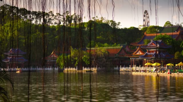 China-día-soleado-zhuhai-city-famoso-Parque-Lago-panorama-4k-timelapse