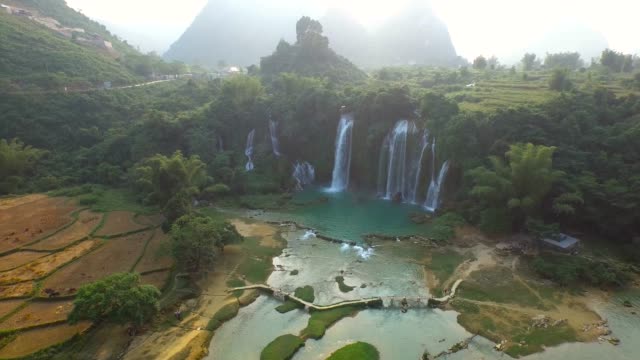 Bangioc-waterfall-in-cao-bang-province,-Vietnam,-high-angle-view