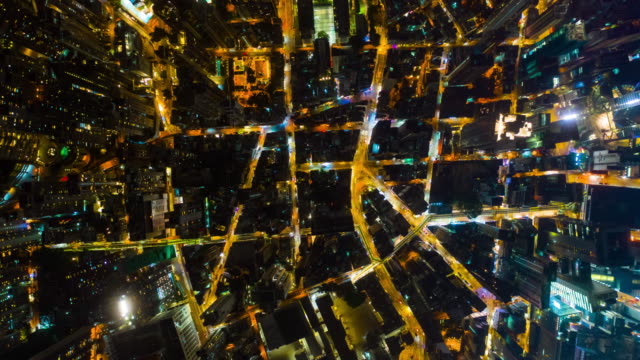 Nacht-Beleuchtung-Verkehr-Straßen-Blöcke-Antenne-Draufsicht-Timelapse-4k-Hongkong