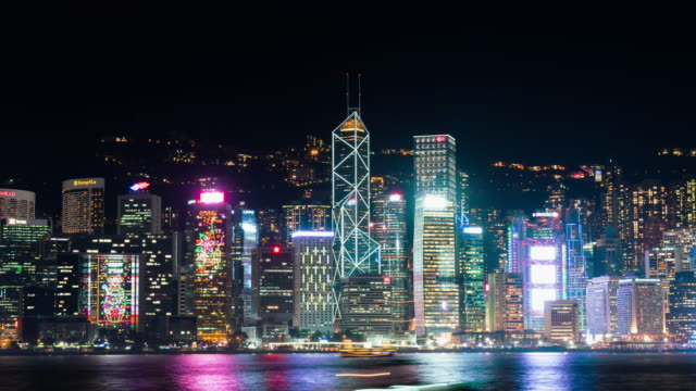 4K-UHD-Time-lapse-cityscape-at-night-of-Symphony-of-lights-show-event-at-Victoria-Harbour-in-Hong-Kong-city,-zoom-out-effect
