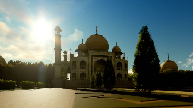 Taj-Mahal-contra-el-cielo-azul,-Paneo,-zoom-de-alejamiento