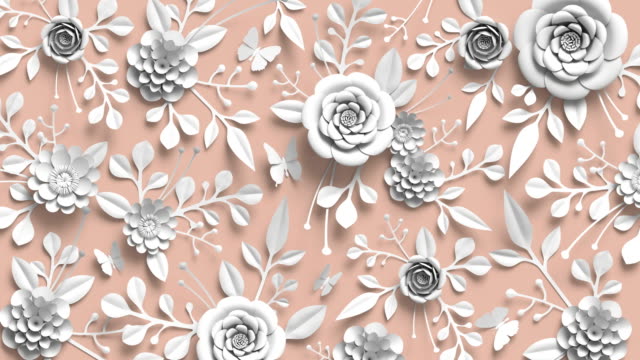 3d-rendering,-loop-animation-of-floral-background,-turning-paper-flowers,-botanical-pattern,-papercraft,-candy-pastel-colors,-white-flowers-on-pink-background
