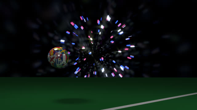 Soccer-ball-with-flags-of-countries-of-World-Cup-soccer-jumps-and-rolls-crossing-football-goal-line,-3d-rendering,-prores-footage