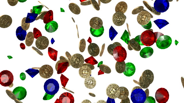 Regen-von-Vintage-Goldmünzen-und-Jems.-3D-render