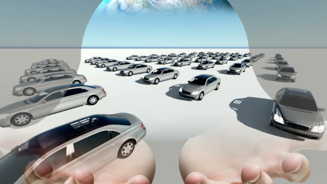 Mixed-media-of-two-3d-animation--of--hand-holding-globe-and-hundreds-cars-but-only-one-red