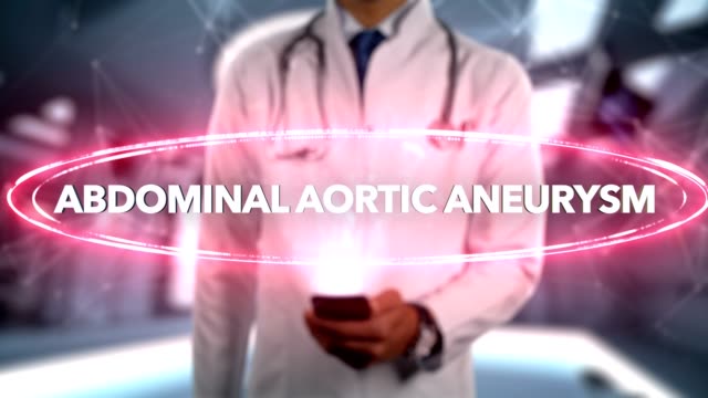 Abdominalen-Aortenaneurysma---männlichen-Arzt-mit-Handy-öffnet-und-berührt-Hologramm-Krankheit-Wort