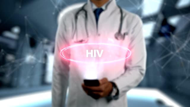 HIV---männlich-Arzt-mit-Handy-öffnet-und-Hologramm-Krankheit-Wort-berührt
