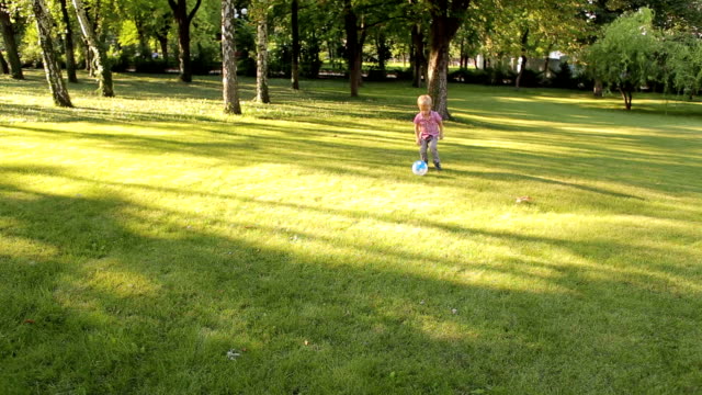 Un-niño-jugando-al-fútbol-en-un-parque-de-Sunny-sobre-la-verde-hierba.