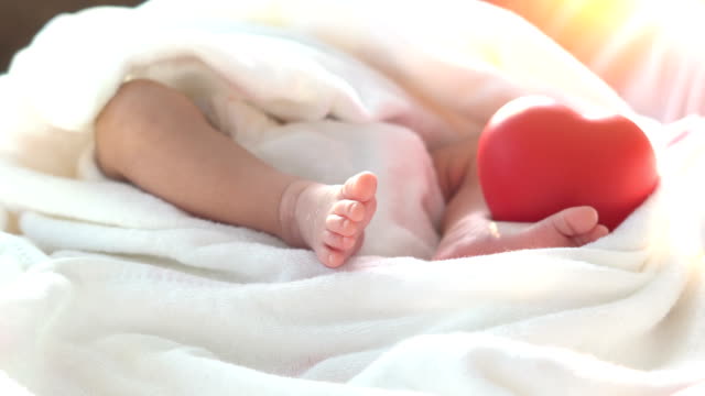 Bebé-recién-nacido-moviendo-el-pie-y-el-corazón-rojo-en-la-luz-hermosa-sobre-fondo-blanco