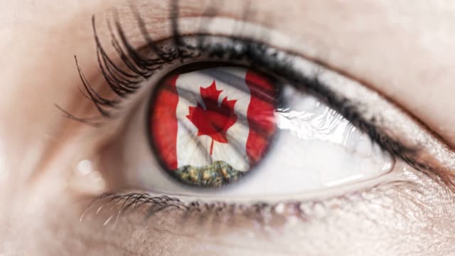 mujer-ojo-verde-en-primer-plano-con-la-bandera-de-Canadá-en-el-iris-con-el-movimiento-del-viento.-concepto-de-vídeo