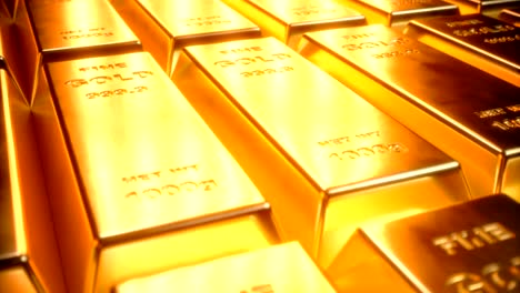 Fine-Gold-bars-1000-grams-on-the-floor-with-scattered-pieces-of-gold.-Concept-of-wealth.-4K-3D-Animation