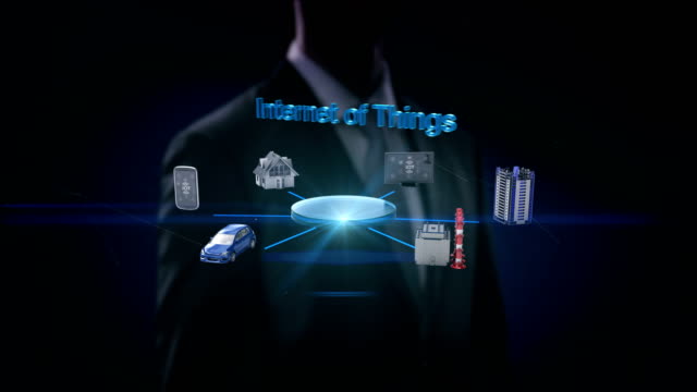 Geschäftsmann-berühren-Smart-House,-Fabrik,-Haus,-Auto,-Mobil,-Internet-Sensor-verbinden-"Internet-der-Dinge",-künstliche-Intelligenz.-4-k-Film.